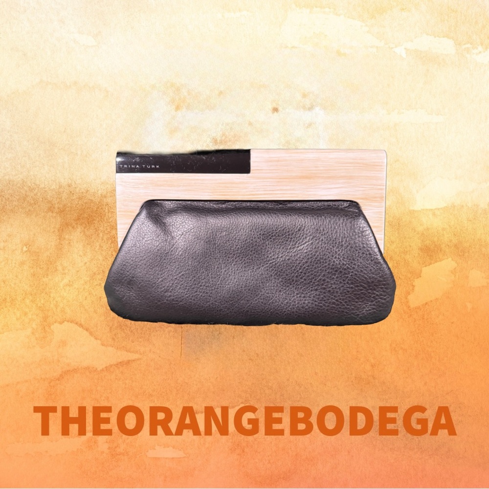 Trina Turk Black Leather Clutch with Wooden Handle